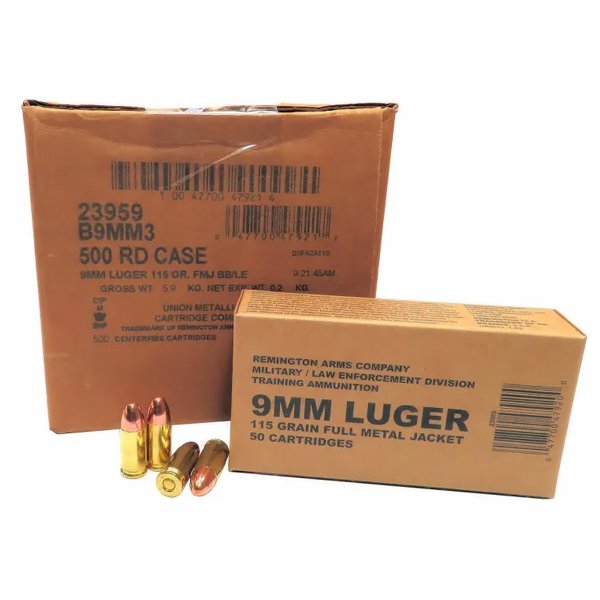 500rds of 9mm 9×19 Ammo 115gr FMJ Remington Military LE Training (B9MM3)