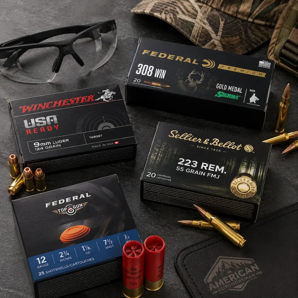 Top-down flat lay of neatly arranged ammunition boxes with brass cartridges, shooting glasses, and subtle camo gear on a dark slate surface, styled for ACC Ammo online gun store homepage.